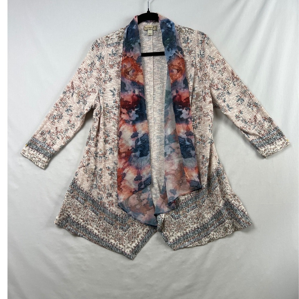One World Open Cardigan Women XL Kimono Pink Floral Scarf Neck 3/4 Sleeve Boho